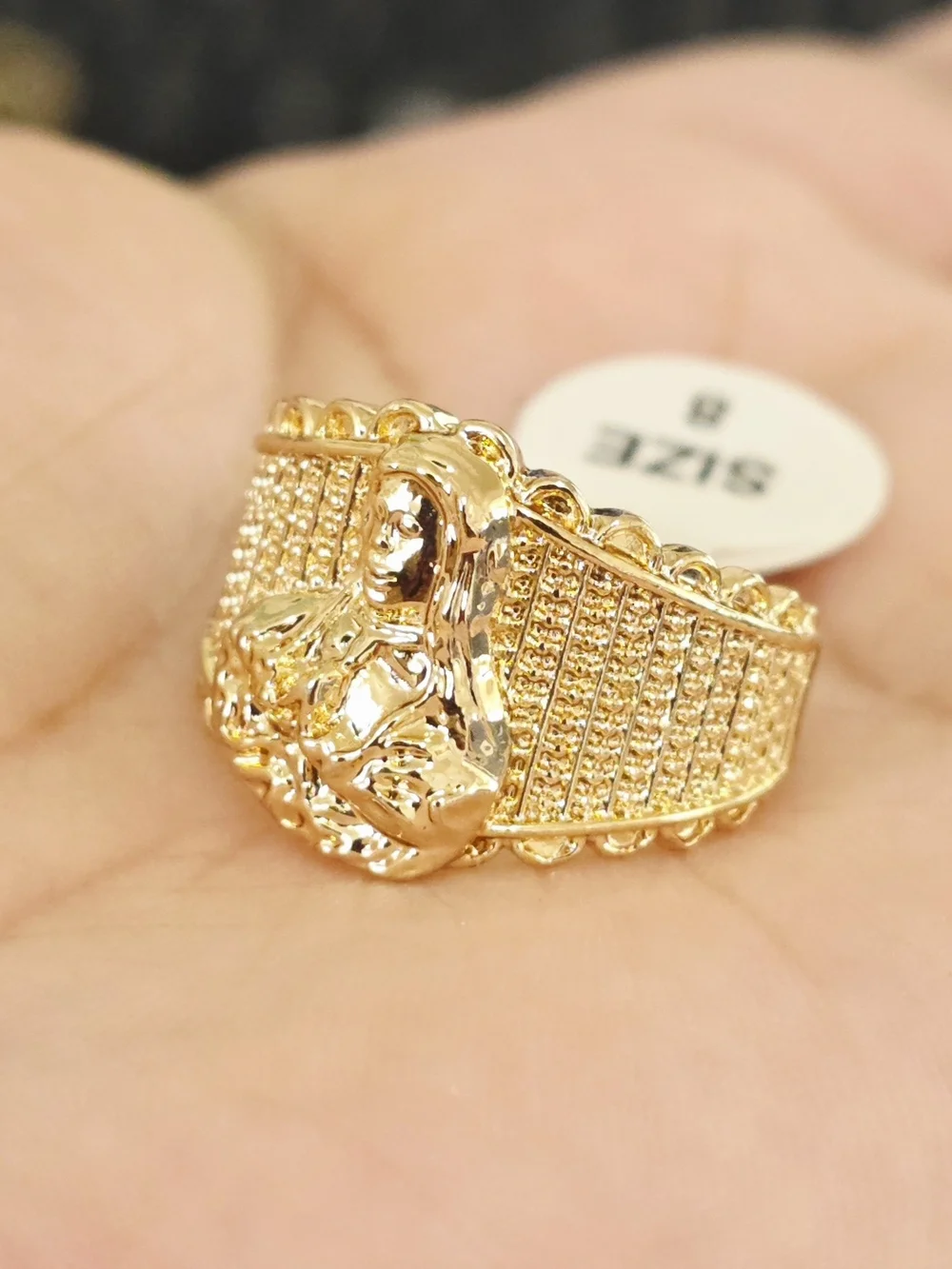 18k Gold Plated Religious Statement Ring in Gold - Size 8